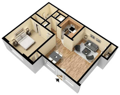 Floor plan for 1 bed, 1 bath, 650 sqft